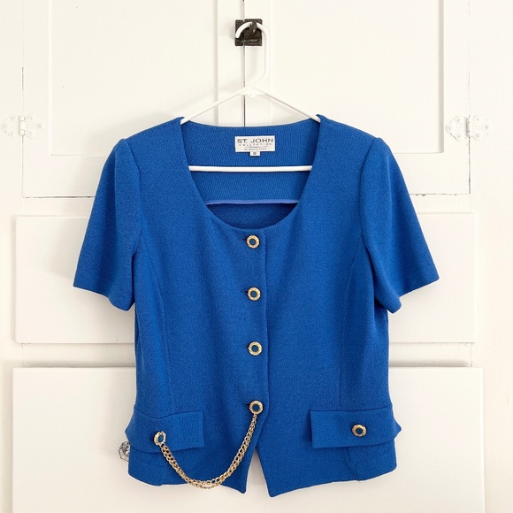 St. John Collection Chain Detail Knit Cardigan-Style Top Blouse in Blue Size 10 - Picture 1 of 7